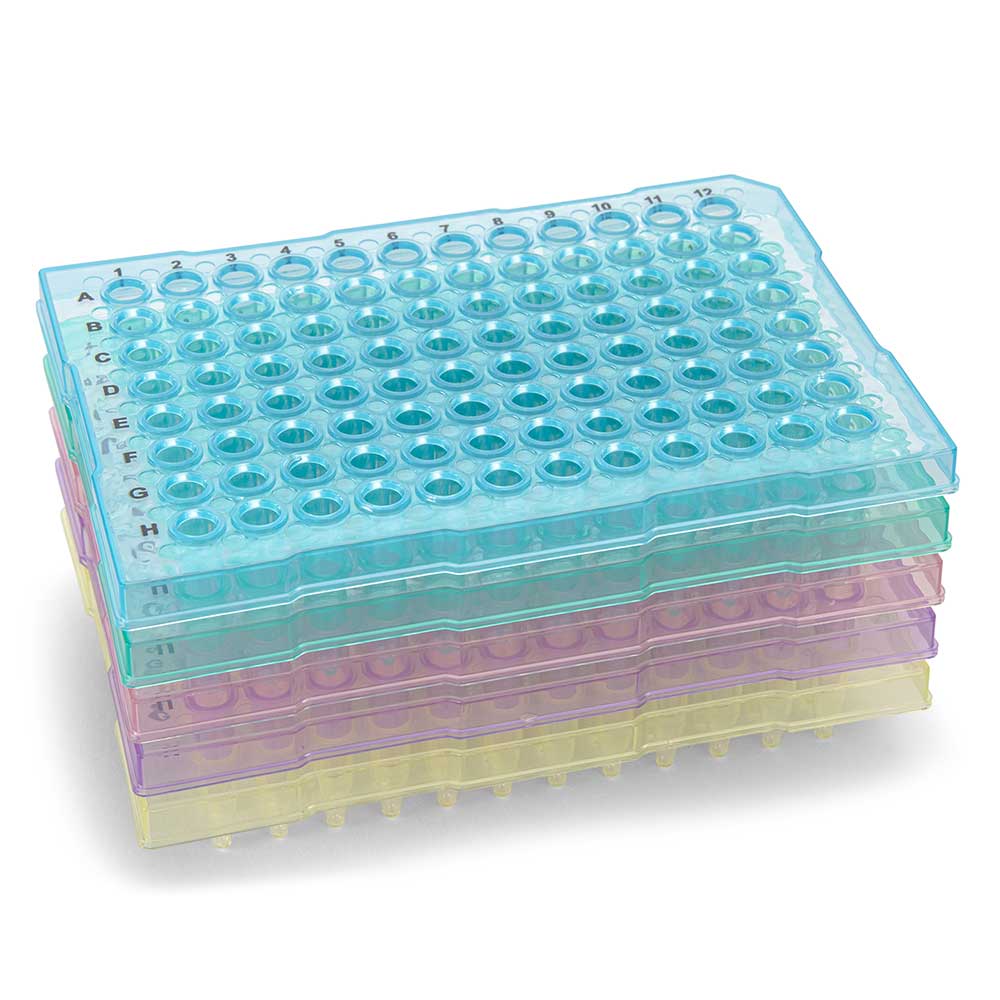 Globe Scientific 0.2mL 96-Well PCR Plate, Half Skirt (ABI-style), Flat top, Assorted Colors (Blue, Red, Green, Yellow and Violet) .2ml;half skirt;